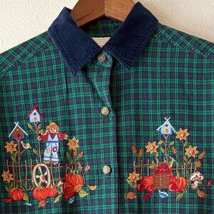 VTG 90s Casey & Max Plaid Flannel Shirt Embroidered Pumpkins Mushrooms Size M